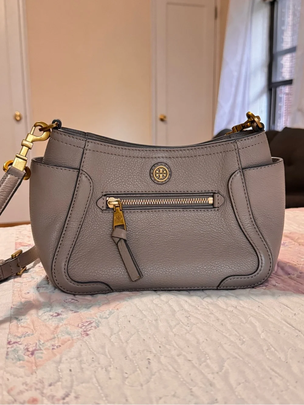 Tory Burch Frances French Gray Leather Mini Crossbody Bag